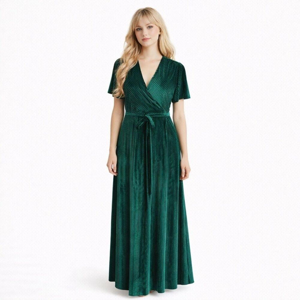 Baltic Born Green Velvet Wrap Ribbed Belted Maxi Dress Size Medium